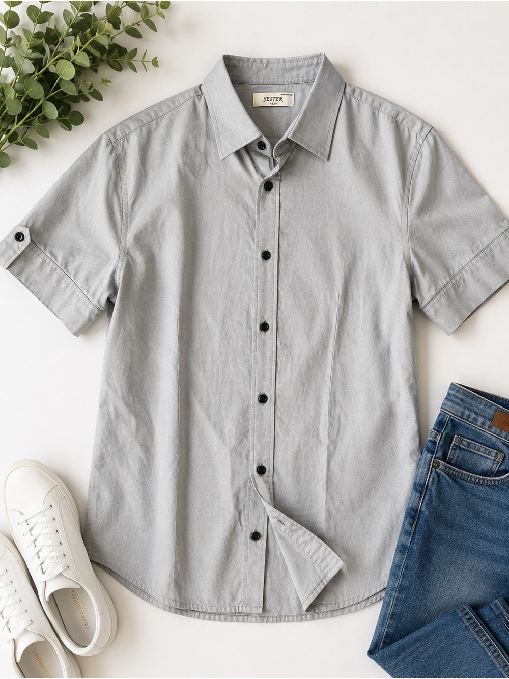 Jester Korea Gray Short Sleeve Button Front Shirt Men’s Size 52 Casual Cotton
